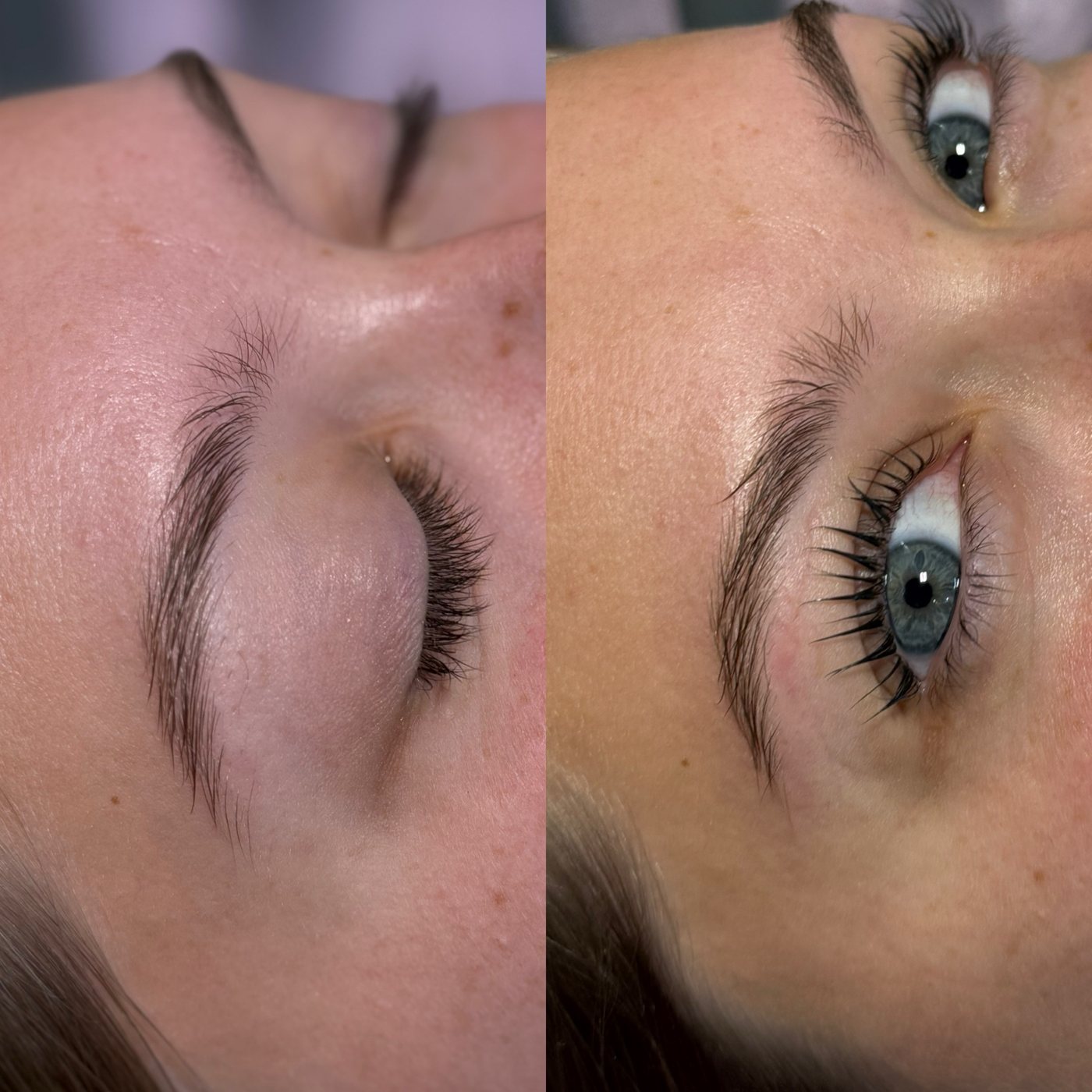 Before and after of brows with a lash lift